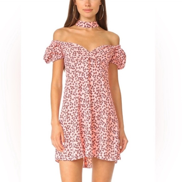 ALEXIS Loele Pink Off The Shoulder Clover Floral Choker Mini Dress Size Medium - Picture 1 of 11